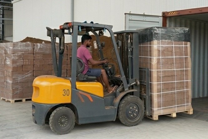 Forklift loading a pallet of compressed cocopeat into an export container