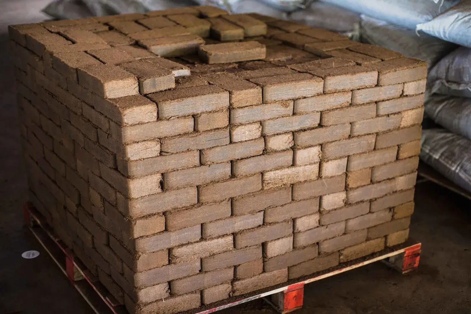 Palletised coco peat prepared for export from India